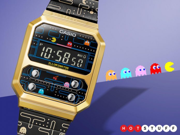 Une double dose de rétro bling bling au poignet avec la Casio A100 digitale plaquée or avec Pac-Man